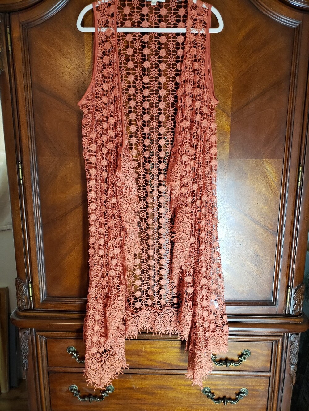 Boho Crochet Open-Front Duster/Vest - Coral/ Rust